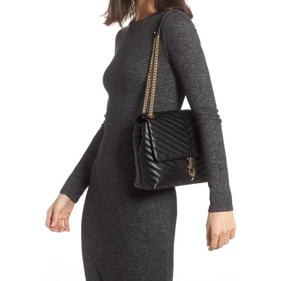 NWT Rebecca Minkoff Edie Medium Shoulder Crossbody Bag BLACK Gold AUTHENTIC - Picture 3 of 15